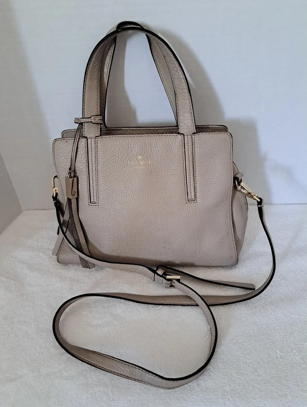 kate spade Pebbled Leather Satchel in Beige Taupe with Gold Hardware